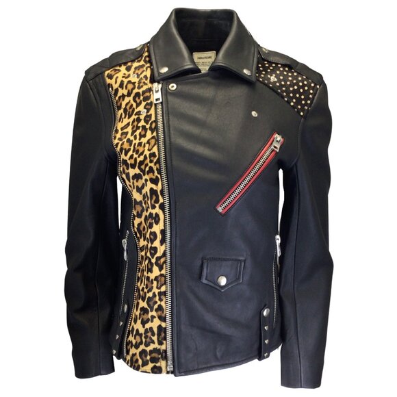 ZADIG & VOLTAIRE BLACK MULTI LIYA LEOPARD PATCH LEATHER BIKER JACKET - Picture 1 of 5